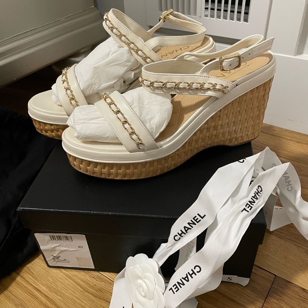 Chanel white espadrille wedge sandal